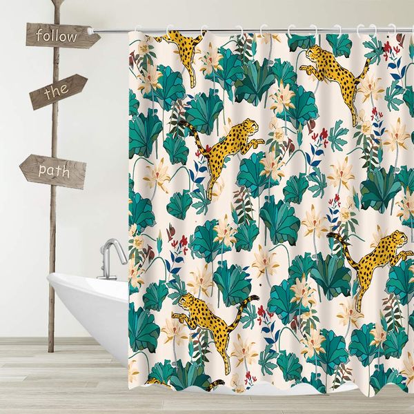 

leopard floral fabric shower curtain wildlife animal lotus flower and leaf decor bathroom curtains,waterproof polyester bath