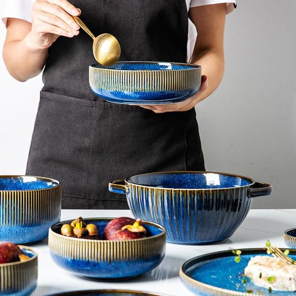 

bowls chanshova blue kiln texture ceramic personality noodle bowl salad with handle dinner plate china porcelain g229