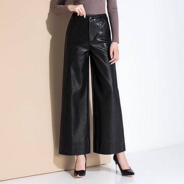 

women's pants & capris casual sheep skin trousers female velvet black wide leg winter fashion thick genuine leather high waist, Black;white