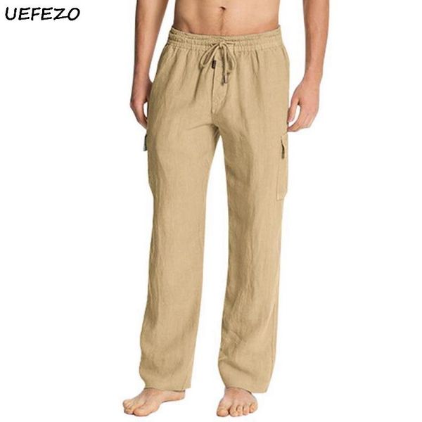 

men casual cotton linen cargo pants drawstrintg elastic waist summer beach with pocket joggers long trousers men's, Black