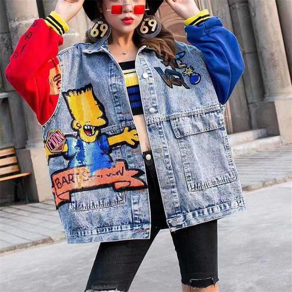 

women's jackets women cartoon sequin denim jacket colorful block splicing loose large size streetwear cowboy jean, Black;brown