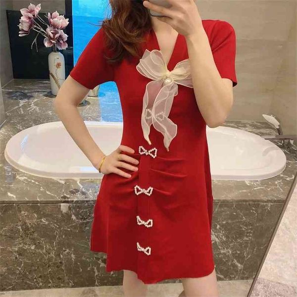 

fashionable v-neck bowknot dress female beaded short-sleeved thin mid-length knitted skirt summer women's clothing 210520, Black;gray