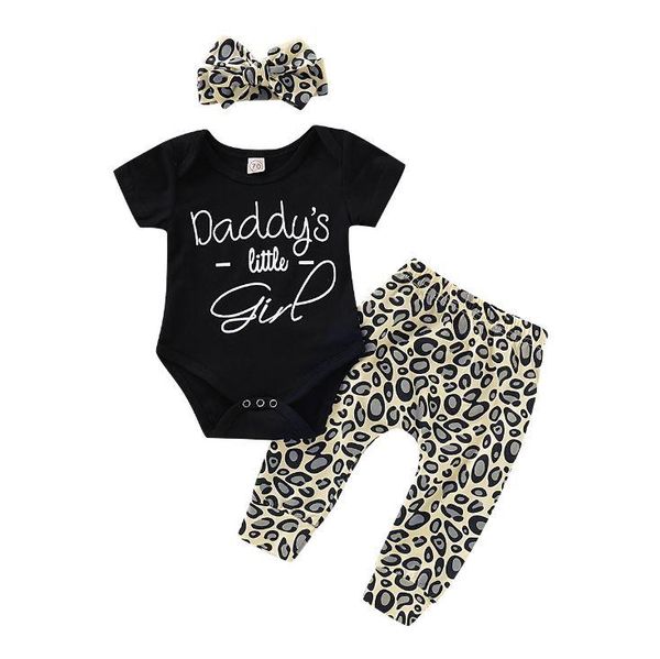 

clothing sets girls black romper lepard pant headband 3pcs short sleeve letter print baby summer clothes costume for borns, White