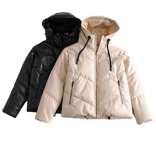 

casual woman loose hooded leather cotton coat fashion ladies winter warm thick outwear female chic drawstring jackets 210515, Black