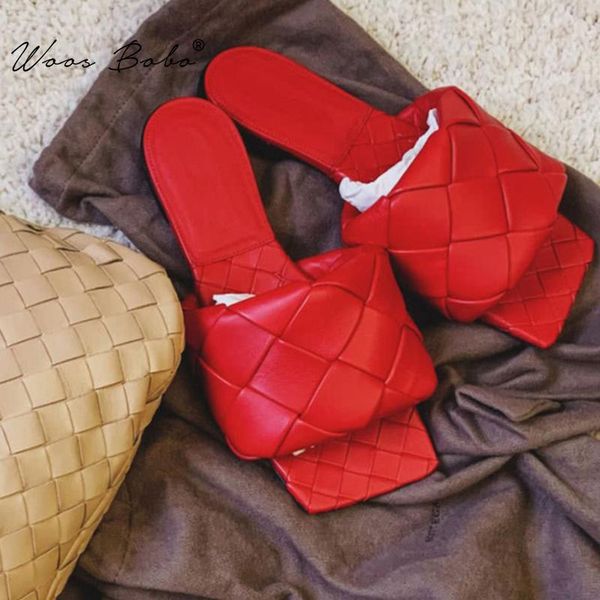 

slippers weave women square open toe high heels sandals ladies 2021 summer outside sandy beach non-slip casual flip flop, Black