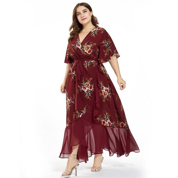 

casual dresses women summer dress plus size 4xl 5xl female v neck short sleeve floral print ruffles boho beach maxi long wrap, Black;gray