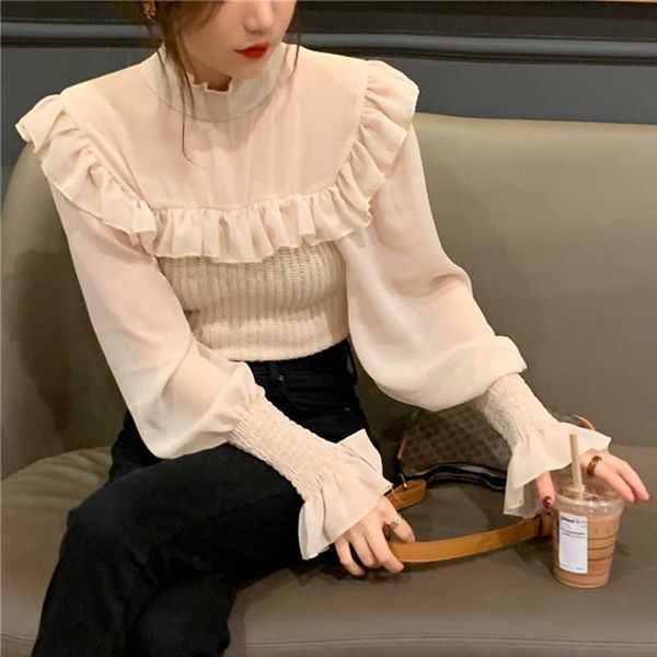 

women's knits & tees ruffles chiffon patchwork knitted blouse women lace up lantern sleeve sweet shirts elegant office lady casual, White