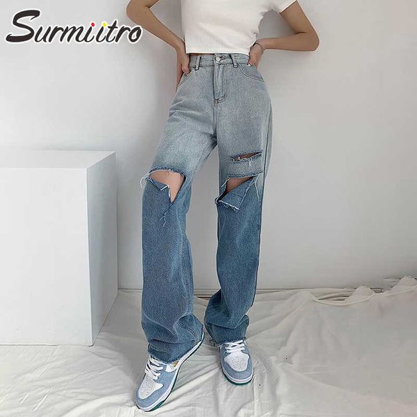 

surmiitro fashion blue gradient korean style hole high waist boyfrind mom jeans women hollow out long denim pants female 210712