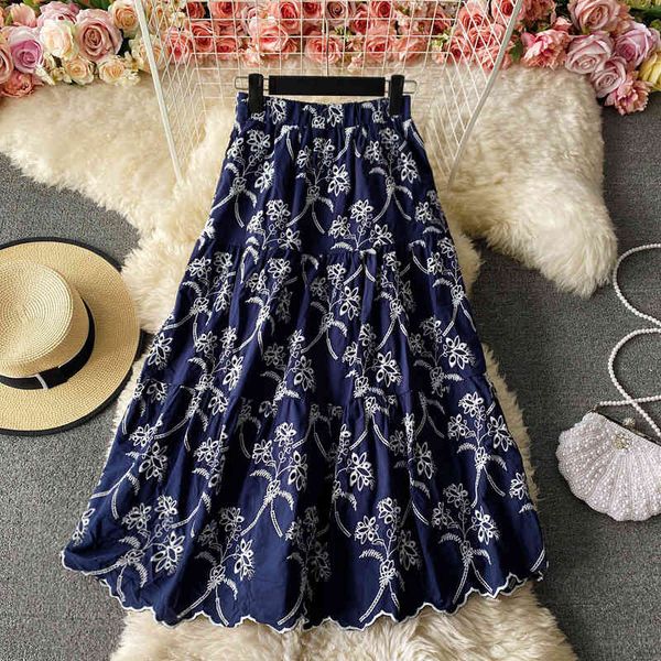 

skirts heavy industry hollow embroidered flowers high-waisted skirt in the long knee-length loose waist large swing 58m5, Black