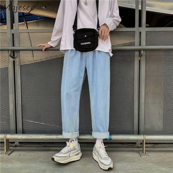 

men's jeans solid men drawstring leisure large size s-5xl students retro denim trendy korean style males trousers ankle-length autumn, Blue