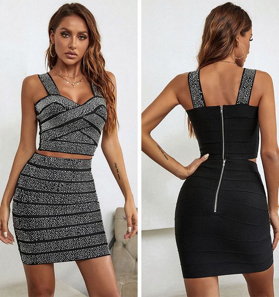 Novo, dois peça, definir, sexy, luxo, strass, mulheres, vestidos, roupa, noite, casual, vestidos, para, boat