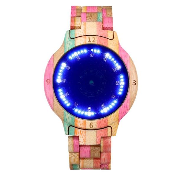 

colorful wooden watch for male unique led display light touch screen men's women clock night vision fashion wristwatches, Slivery;brown