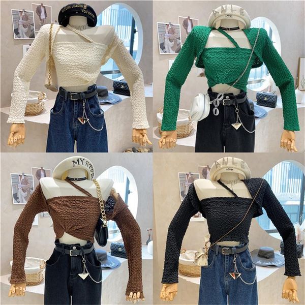 

women's knits & tees clothing 2021 autumn wrinkled elastic slanted shoulder strap tube + two-piece short cardigan jacket, White