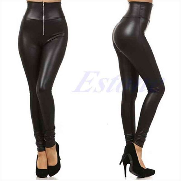 

faux leather zip women leggings up patchwork high-waist elastic pants, Black