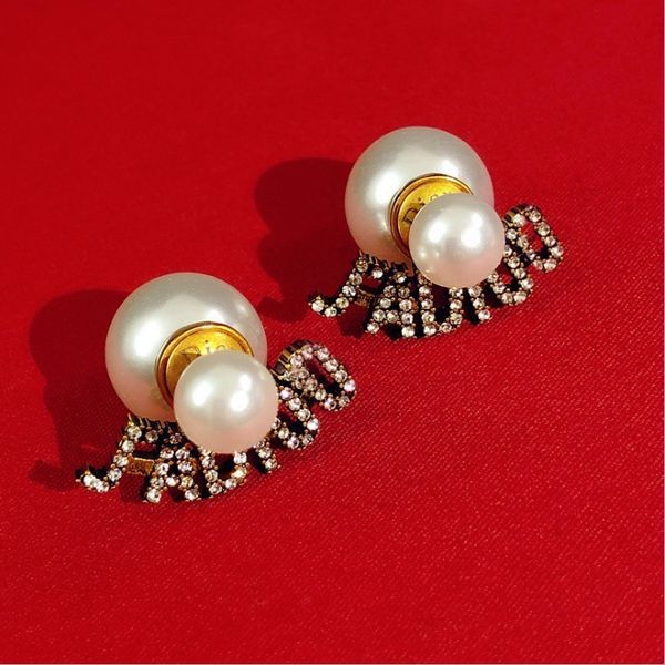 

new back hanging pearl earrings net red bronze full diamond letter 925 silver needle fine jewelry sale