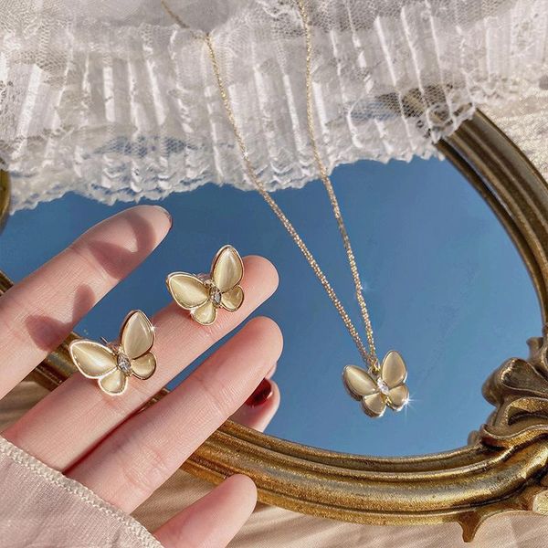 

earrings & necklace trendy opal jewelry sets for woman butterfly pendant necklaces choker stud gold color wedding gifts, Silver
