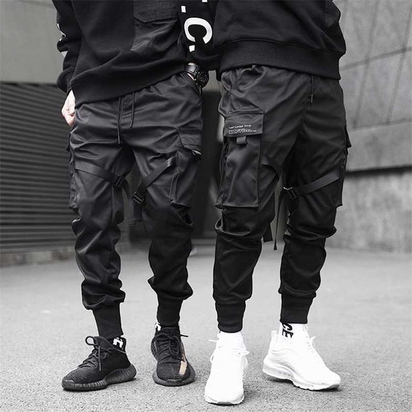 

men cargo pants black ribbons block multi-pocket harem joggers harajuku sweatpant hip hop casual male trousers 211110