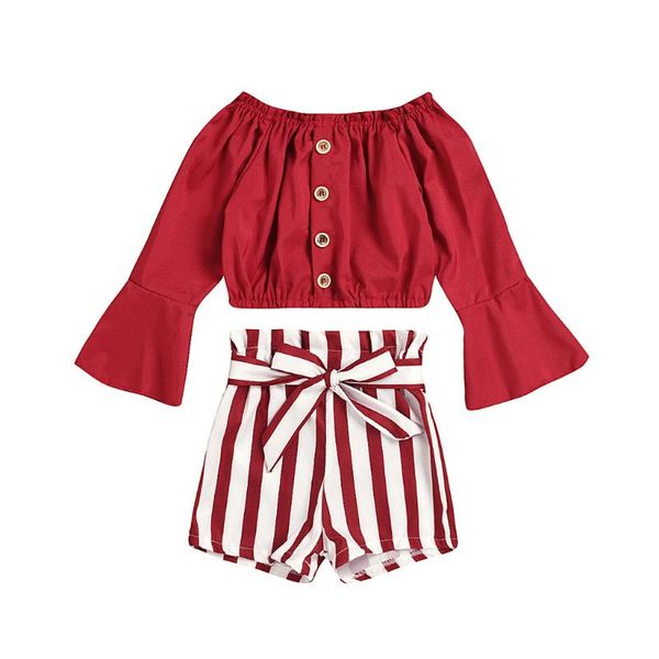 

pleated toddler kids baby girls set ruffle off shoulder long sleves t shirt buttons bowknot striped shorts outfits 2021 clothing sets, White