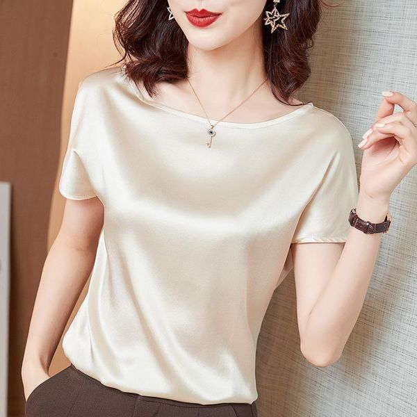 

women's t-shirt slash neck silk 2021 summer style loose casual french mulberry short-sleeved shirt korean women, White