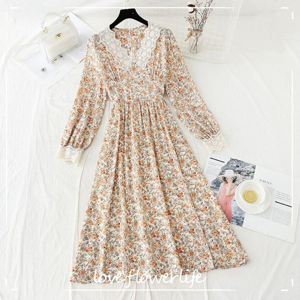 

vintage lace v-neck long sleeve chiffon dress women floral print high waist female a-line long dress spring vestidos 210521, Black;gray