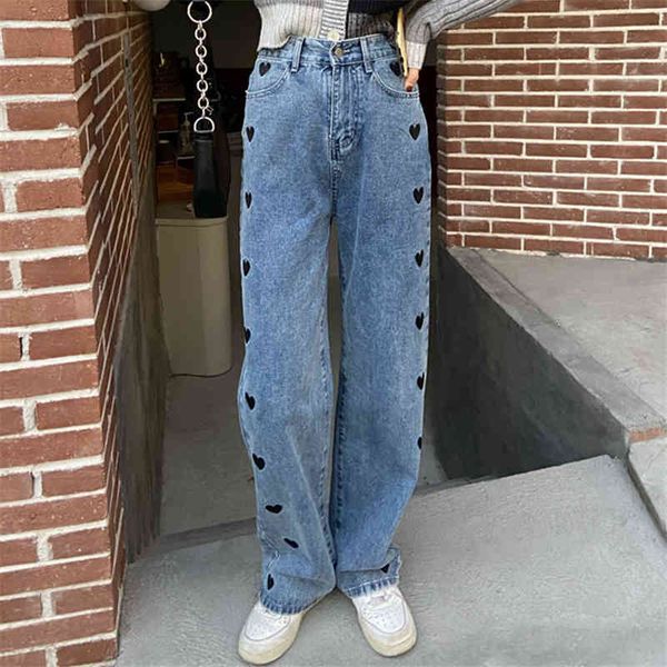 

women's jeans portrait chic love embroidered female jeans fall and winter high waist loose ins in fashion straight line slimming broad, Blue