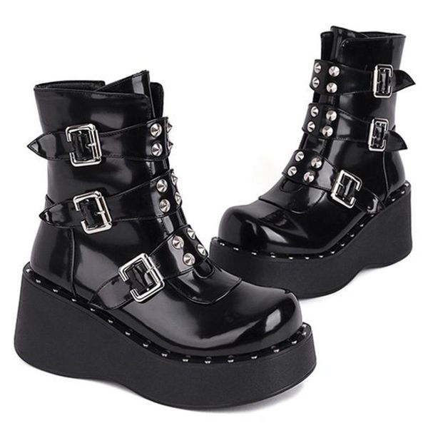 

boots military oxfords creepers women's rivets round toe ankle strap buckle platform shoes goth 34 35 36 37 38 39, Black