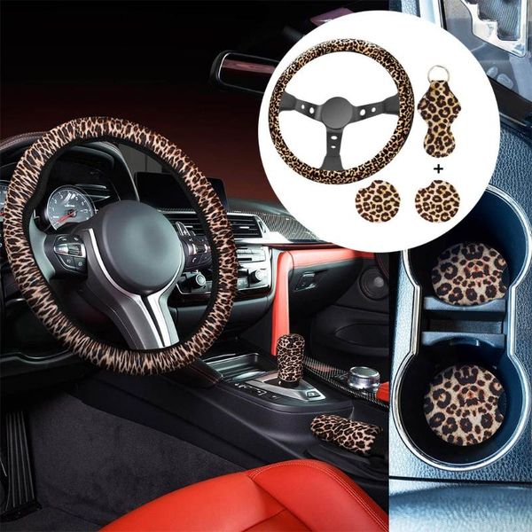 

steering wheel covers 4pcs vehicle decoration leopard printed diameter car cover protector sleeve coasters keychain