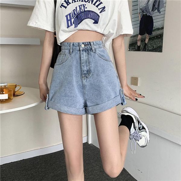 

women's shorts summer 2021 wide leg denim loose thin rolled jeans short pants korean casual straight retro high waist, White;black