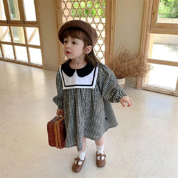 

girl's dresses 2021 spring arrival long sleeve plaid girls dress 100% cotton sailor collar loose princess children clothes for 2-7yrs, Red;yellow