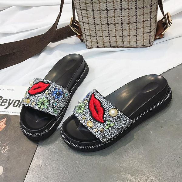 

slippers designer women beading pearl upper summer shoes flat rubber heel cool slides beach woman, Black