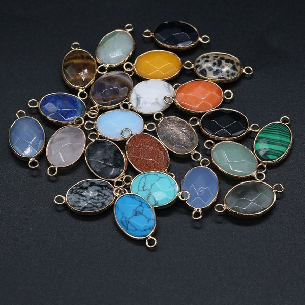 

wholesale flat oval charms natural stone connector rose quartz tiger eyes pendant diy for druzy necklace earrings or jewelry making 14x27mm, Bronze;silver