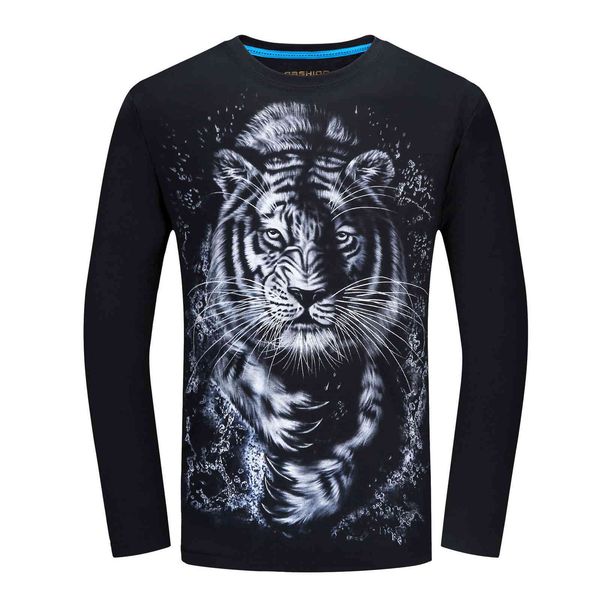 

2021 autumn men's round neck personalized animal print 3d long sve t-shirt, White;black