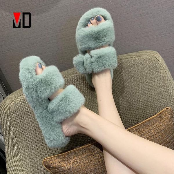

mo dou house women fur slippers fashion cross band warm plush ladies fluffy shoes cozy open toe indoor fuzzy slides for girls, Black