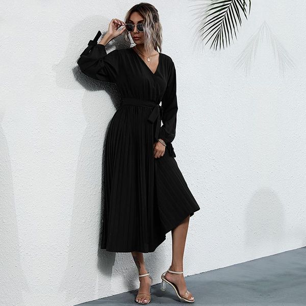 

casual dresses 2021 fashion long solid dress women full sleeve high waist autumn winter bandage for, Black;gray