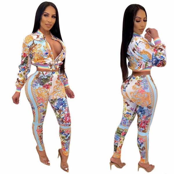

women's two piece pants zaggin 2021 autumn women printing skinny 2-piece suit casual lady zipper v-neck full sleeve short jackets long, White