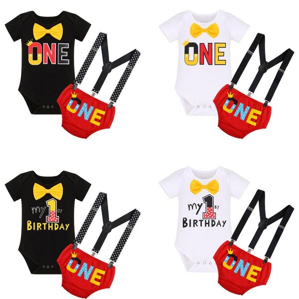

clothing sets born baby boys cake smash short sleeve birthday romper bodysuit with bowtie letter printing po props stage performance, White