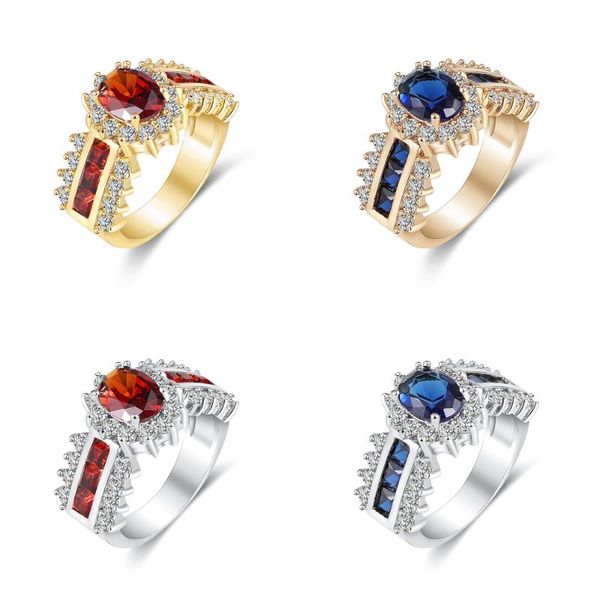 

wedding rings fashion oval cut red blue crystal for women luxury zircon crown ring band jewelry accessories gift, Slivery;golden