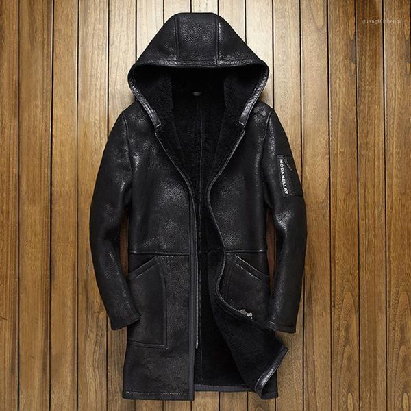 

sheepskin 100% real fur long coat crack craft genuine sheep shearling jacket male winter flight gray men warm overcoat men's leather &, Black