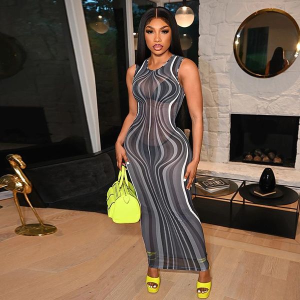 

casual dresses sheer mesh striped print long dress women sleeveless high waist body-shaping vestido female party robe attirewear outfit, Black;gray