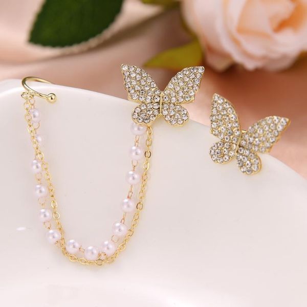 

hoop & huggie kinfolk korean elegant cute rhinestone butterfly stud earrings for women girls fashion metal chain boucle d'oreille jewel, Golden;silver