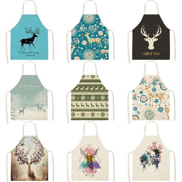 

christmas elk linen aprons home cooking waist baking coffee shop for men women cleaning kitchen accessories 68*55cm