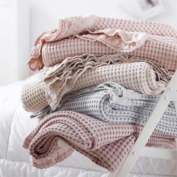

waffle checks knitted blanket sofa travel throw for beds combed cotton yarn dyed office nap 200cmx230cm blankets