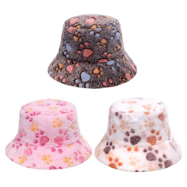 

wide brim hats faux fur wool cute print plush brims all-match hat fluffy bucket for women & men, Blue;gray
