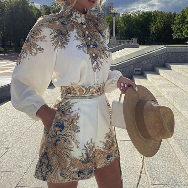 

women's tracksuits two piece sets outfits women shirt shorts set vintage pattern print turtleneck single breasted long sleeve 2021, Gray