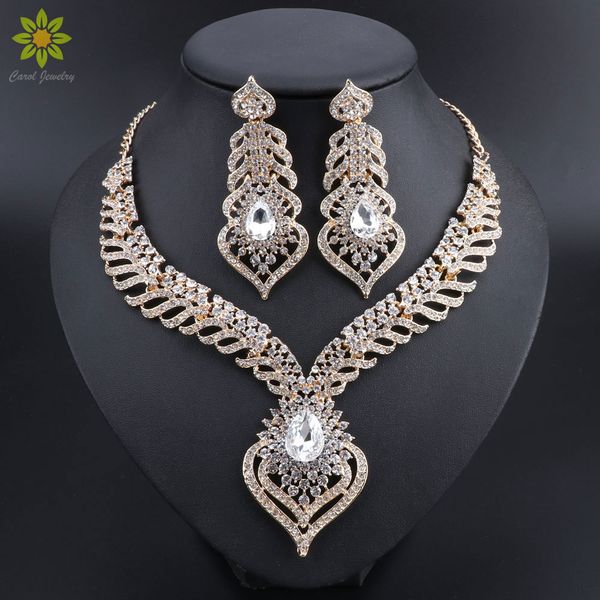 

jewelry sets gold color full clear rhinestones statement necklace earrings set for women indian bridal wedding, Black