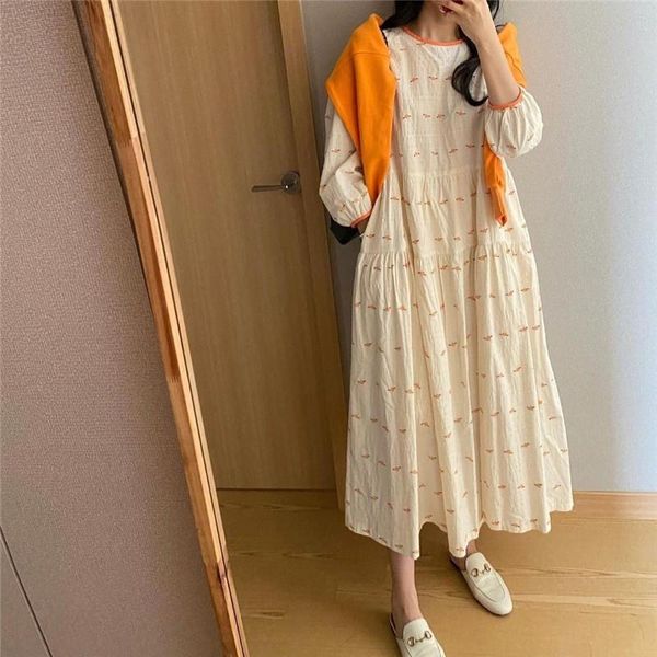 

casual dresses 2021 spring style embroidery flower loose dress women, Black;gray