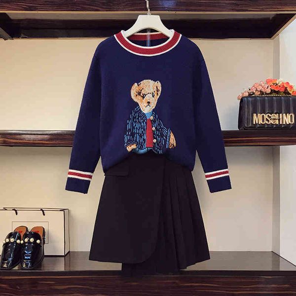

korean winter beautiful teddy bear long sleeve loose pullover elegant black knitted sweater plissado short skirt 2 piece ensembles hkf2