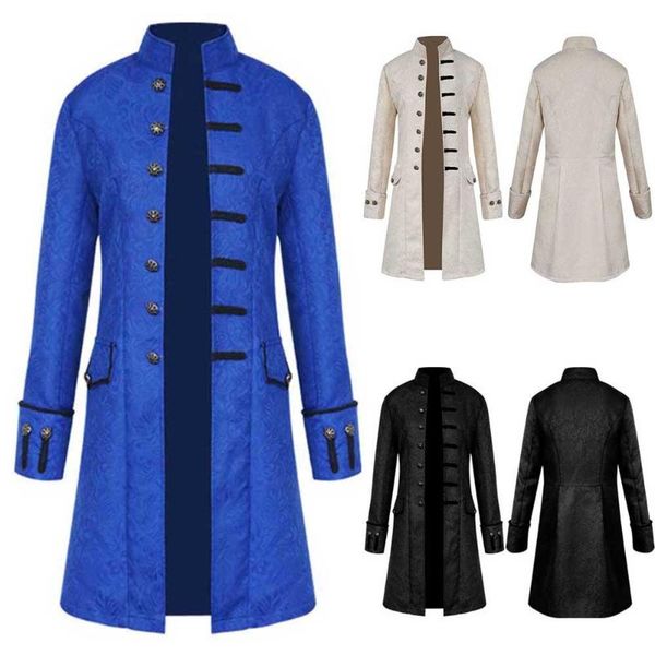 

men's trench coats retro long coat men winter warm vintage tailcoat jacket stand collar overcoat outwear buttons steampunk, Tan;black