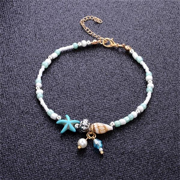 

anklets bohemian multiple layers starfish shell for women vintage boho beads chain anklet bracelet beach jewelry, Red;blue