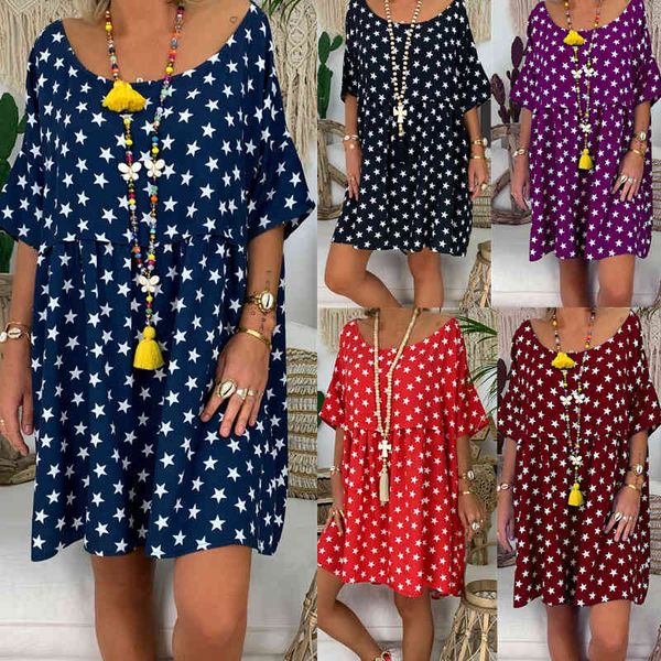 

multi color new 8 short sleeve loose print dress in spring and summer casual knee length skirt, White